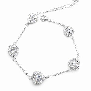 PULSEIRA PRATA DE ELOS COM 5 CORAÇÕES DE ZIRCÔNIAS NO FIO - 17CM + 3CM EXTENSOR