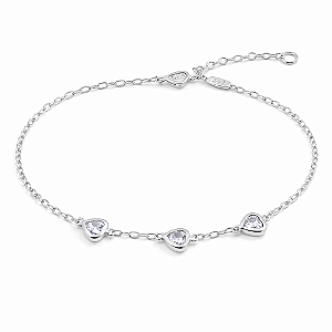 PULSEIRA PRATA ELOS COM 3 CORAÇÕES COM ZIRCÔNIAS BRANCAS NO MEIO - 18CM + 2CM EXTENSOR