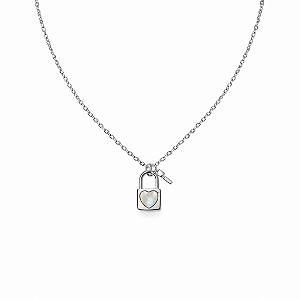 CHOCKER PRATA ELOS COM PINGENTE DE CADEADO CORAÇÃO MADREPÉROLA E CHAVE - 40CM + 3CM EXTENSOR