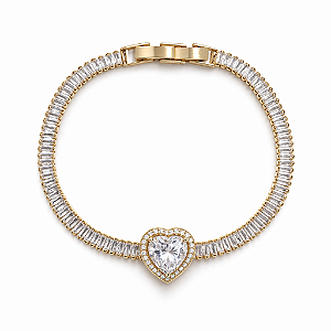 PULSEIRA DOURADA MODELO RIVIERA COM PINGENTE DE ZIRCONIA FORMATO DE CORAÇÃO CRAVEJADO AO REDOR