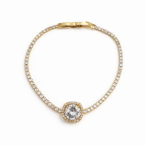 PULSEIRA DOURADA MODELO RIVIERA COM PINGENTE DE ZIRCONIA FORMATO QUADRADO CRAVEJADO AO REDOR