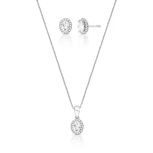 CONJUNTO DE PRATA BRINCO E PINGENTE COM CRISTAL OVAL E ZIRCÔNIAS AO REDOR