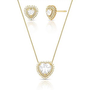 CONJUNTO DOURADO DE BRINCO E COLAR DE CORAÇÃO EM CRISTAIS E ZIRCÔNIAS - 45CM + 5 EXTENSOR