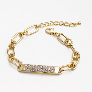 PULSEIRA DOURADA MODELO PLACA MICROCRAVEJADA COM ZIRCÔNIAS BRANCAS -  18CM + 3CM EXTENSOR