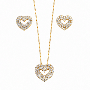 CONJUNTO DOURADO DE BRINCO E COLAR DE CORAÇÃO MICROCRAVEJADOS COM ZIRCÔNIAS - 45CM + 5 EXTENSOR