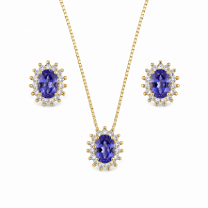 CONJUNTO DOURADO BRINCO E COLAR COM CRISTAL OVAL NA COR AZUL E ZIRCÔNIAS AO REDOR 45+5CM - 10,5MM