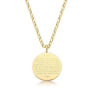 COLAR DOURADO ELO PORTUGUES 60CM COM MEDALHA DE 30MM ESCRITO A ORAÇÃO DO PAI NOSSO