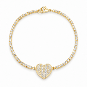 PULSEIRA DOURADA ZIRCÔNIAS CORAÇÃO CRAVEJADO E RIVIERA 2MM