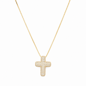 COLAR DOURADO VENEZIANA COM PINGENTE DE CRUZ MICROCRAVEJADA COM ZIRCÔNIAS BRANCAS - 45CM