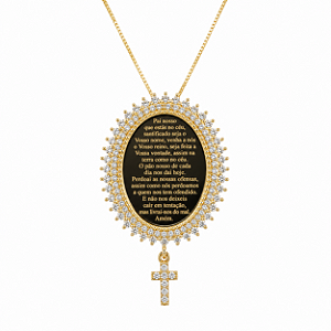 COLAR DOURADO VENEZIANA COM PINGENTE MEDALHA "PAI NOSSO" 42,5MM COM PEDRAS DE ZIRCÔNIAS AO REDOR - 45CM
