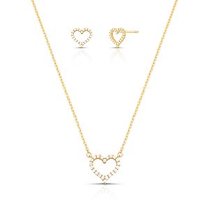 CONJUNTO DOURADO COM PINGENTE E BRINCOS DE CORAÇÃO VAZADO TODO CRAVEJADO