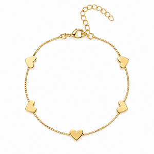 TORNOZELEIRA DOURADA COM CORAÇÕES CHAPA LISA - 20cm + 4,5cm extensor