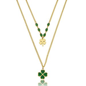Colar duplo de trevos em aço inoxidável dourado