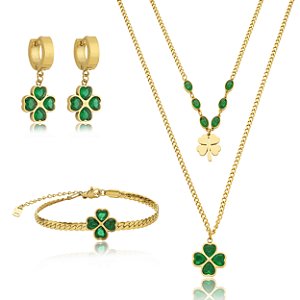 Conjunto colar, brinco e pulseira de trevo em aço-inoxidável