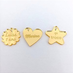 50 Tags Formas em Acrílico Espelhado Dourado, Prata e Rosê