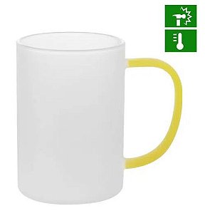 Caneca de Vidro Borossilicato Jateado com Alça Amarela - 300ml