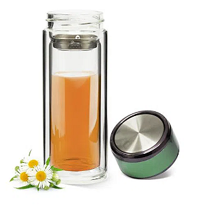Garrafa de Vidro Parede Dupla para Sublimação com Infusor de chá Inox e Tampa Verde Pérola - 300ml