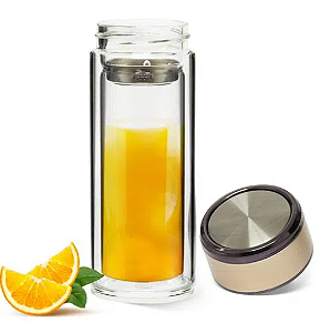 Garrafa de Vidro Parede Dupla para Sublimação com Infusor de chá Inox e Tampa Dourada Pérola - 300ml