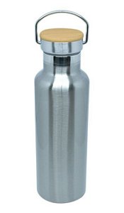 Garrafa Térmica Prata Aço Inox Com Tampa de Bambu - 600ml