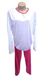 Pijama Adulto Longo Branco com Rosa Feminino