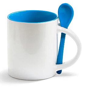 Caneca Reta para Sublimação de Cerâmica Branca com Interior e Colher Azul Claro