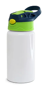 Squeeze de Alumínio Branco Infantil para Sublimação com Bico Automático Tampa Azul e Verde - 500ml