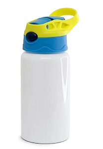 Squeeze de Alumínio Branco Infantil para Sublimação com Bico Automático Tampa Azul e Amarelo - 500ml
