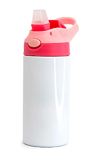 Squeeze de Inox Branco Infantil para Sublimação com Bico Automático Tampa Rosa e Vermelha - 350ml