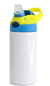 Squeeze de Inox Branco Infantil para Sublimação com Bico Automático Tampa Azul e Amarelo - 300ml
