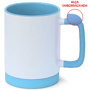 Caneca para Sublimação de Cerâmica Branca com Alça Soft e Base em Silicone com Interior Azul Cyano