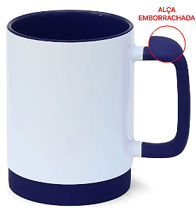 Caneca para Sublimação de Cerâmica Branca com Alça Soft e Base em Silicone com Interior Azul Escuro