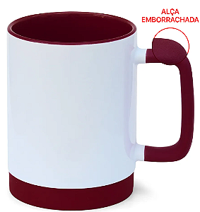 Caneca para Sublimação de Cerâmica Branca com Alça Soft e Base em Silicone com Interior Vinho