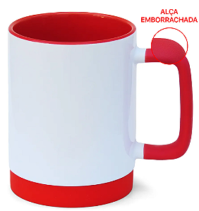 Caneca para Sublimação de Cerâmica Branca com Alça Soft e Base em Silicone com Interior Vermelha