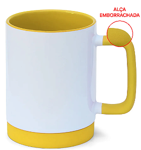 Caneca para Sublimação de Cerâmica Branca com Alça Soft e Base em Silicone com Interior Amarela