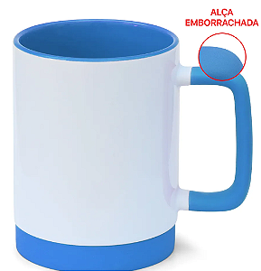 Caneca para Sublimação de Cerâmica Branca com Alça Soft e Base em Silicone com Interior Azul Claro