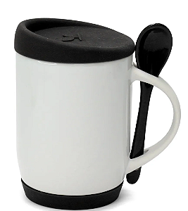 Caneca com Colher, Alça Soft e Tampa Base em Silicone - Preto