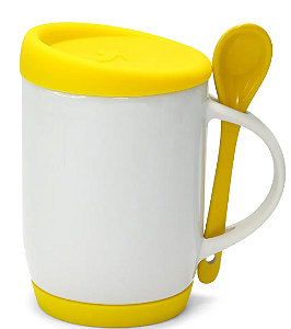 Caneca com Colher, Alça Soft e Tampa Base em Silicone - Amarela