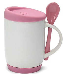 Caneca para Sublimação de Cerâmica Branca com Colher Alça Soft e Tampa Base em Silicone - Rosa