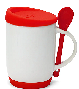 Caneca com Colher, Alça Soft e Tampa Base em Silicone - Vermelha