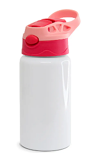 Squeeze de Alumínio Branco Infantil para Sublimação com Bico Automático Tampa Rosa e Vermelha - 500ml