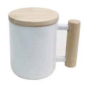 Caneca Cerâmica Branca para Sublimação com Alça e Tampa de Bambu - 325ml