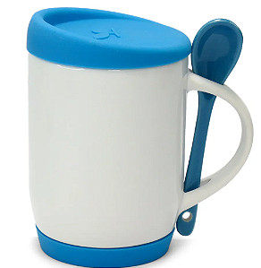 Caneca com Colher, Alça Soft e Tampa Base em Silicone - Azul Claro
