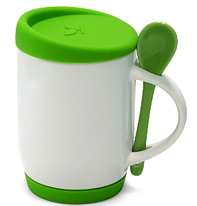 Caneca com Colher, Alça Soft e Tampa Base em Silicone - Verde Claro