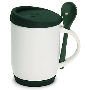 Caneca com Colher, Alça Soft e Tampa Base em Silicone - Verde Escuro