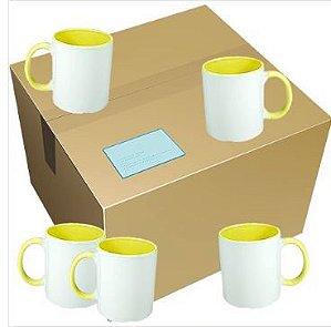 Caneca para Sublimação de Cerâmica Branca com Alça e Interior Amarelo - 12 unidades