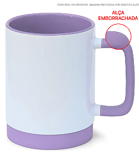 Caneca para Sublimação de Cerâmica Branca com Alça Soft e Base em Silicone com Interior Lilás