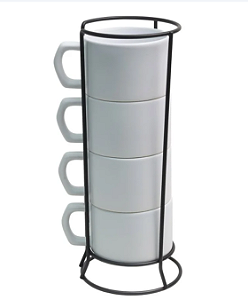 Torre De Xícaras Cerâmica Sunrise Kit 4 PÇS C/ Suporte De Metal