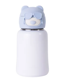 Garrafa Térmica Inox Com Tampa Urso Azul Com Bico de Silicone E Canudo de 435ml