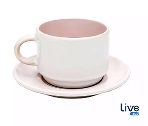 Caneca Petit - Xicara com Pires - 90ml - Interior e Alça Rosa - Sublimação