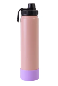 Garrafa Térmica Para Sublimação de Inox Rosa Fosca Com Base de Silicone Lilás de 750ml